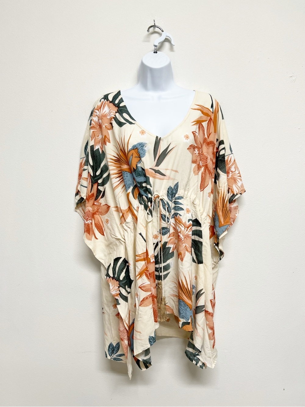 Z & L Womens Tropical Palm Print Shell Beaded Coverup Kaftan Tunic Size Medium